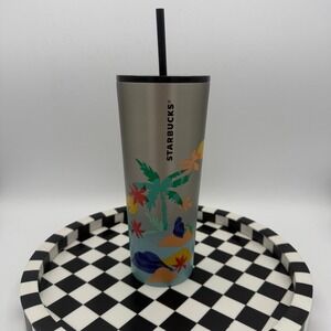 Starbucks Tumbler Unisex 24oz Silver Blue Excellent Tropical Island‎ Palm Tree